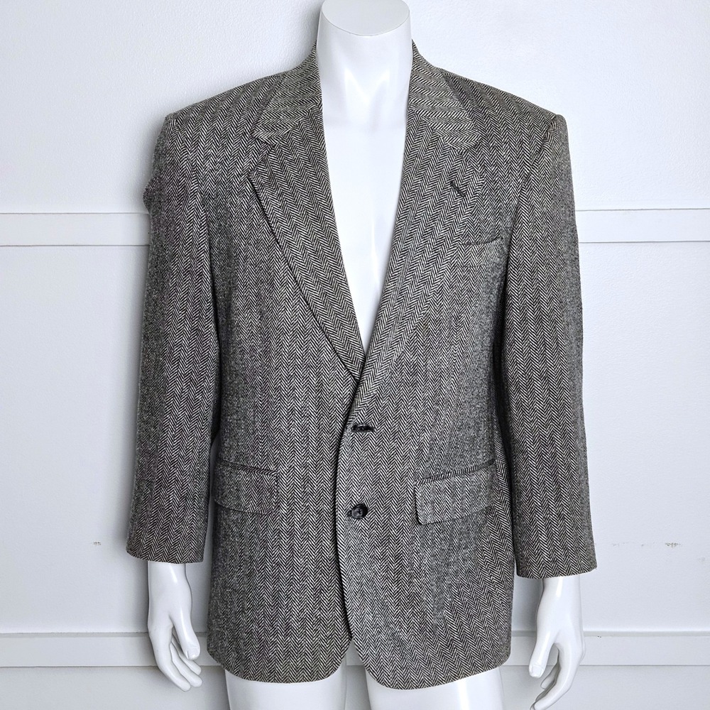 John Alexander Mens Herringbone Blazer Sport Coat Grey Black White Size 39R